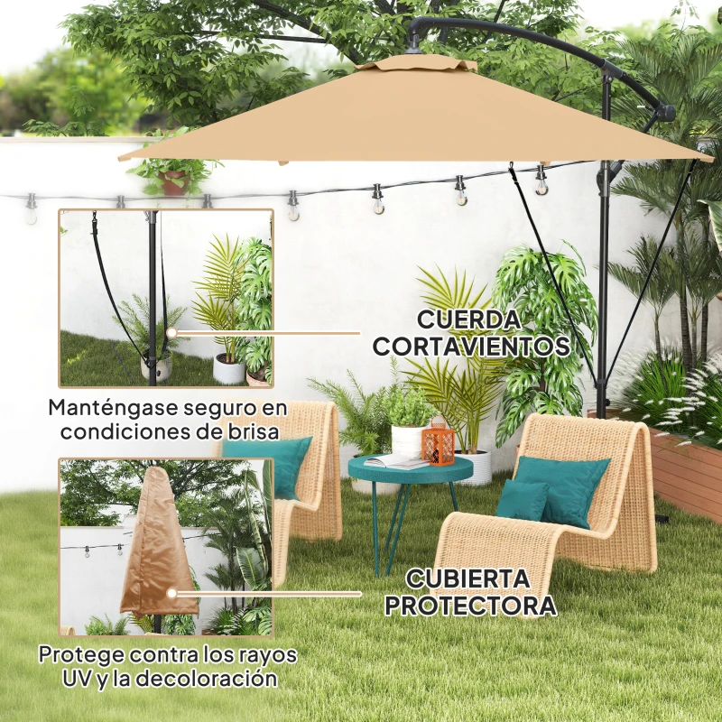 Outsunny Parasol de Jardín Excéntrico Sombrilla con Funda para Sombrilla Protección UV 50+ y Base Cruzada Ø290x243 cm Caqui