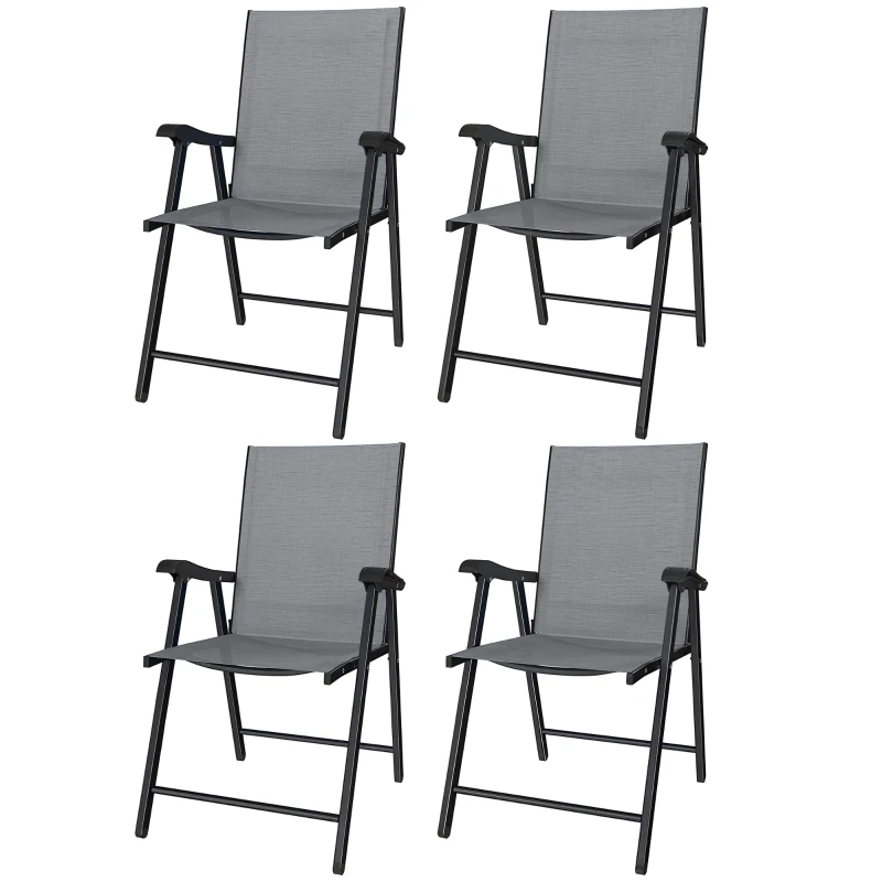 Outsunny Folding Garden Chairs Set of 4, Foldable Garden Dining Chairs with High Back, Armrests, Texteline Seat, Light Grey