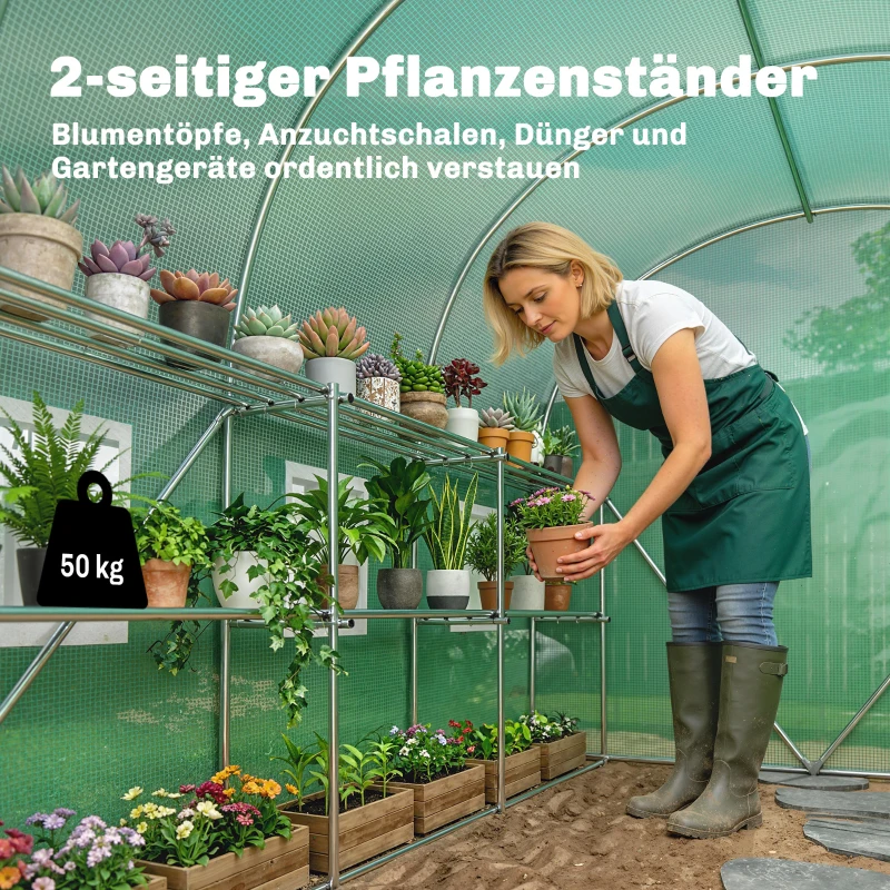 Outsunny Gewächshaus ca. 2,7 x 2 x 2 m Foliengewächshaus mit Regalen Rollbar Reißverschlusstür 6 Netzfenster Stützstangen