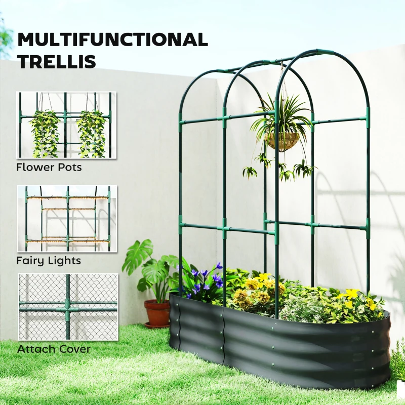 Outsunny Galvanised Raised Garden Bed with Arched Trellis, 4 x 2 x 4.6ft Metal Raised Bed for Garden with Open Bottom, Dark Grey