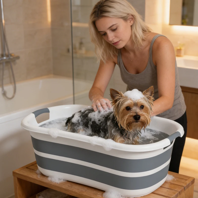 PawHut Dog Bath Tub, Portable Foldable Dog Bathtub with Drainage Hole, for Small Dogs Puppies Grey