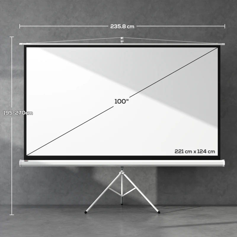HOMCOM Telo Proiettore Pieghevole da 100" Formato 16:9 con Treppiede Regolabile, 235.8x8x136 cm, Bianco