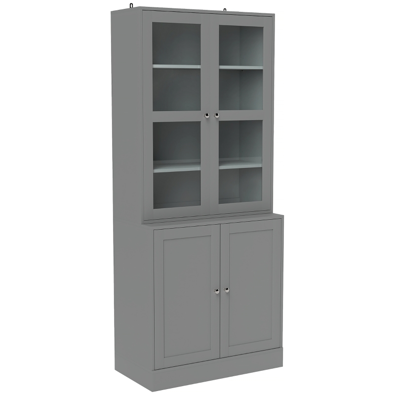 HOMCOM Bibliothèque vitrine, meuble de rangement à 6 niveaux avec 4 portes dont 2 en verre trempé, étagères réglables, gris