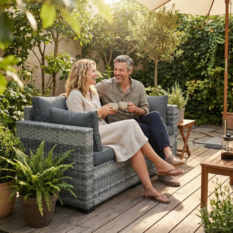 Outsunny 2 Seater Rattan Sofa, Outdoor Garden Sofa with Deep Seat, Cushions, Wide Armrests for Patio, Balcony, Porch, Mixed Grey