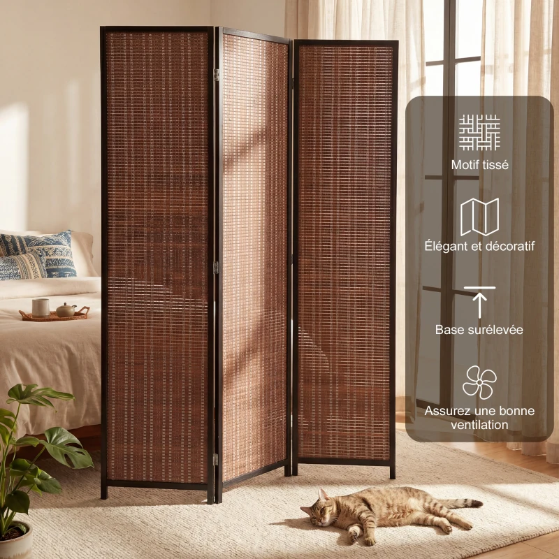 HOMCOM Paravent en bois séparateur de pièce closion de séparation pliable 3 panneaux 135 x 180 cm marron