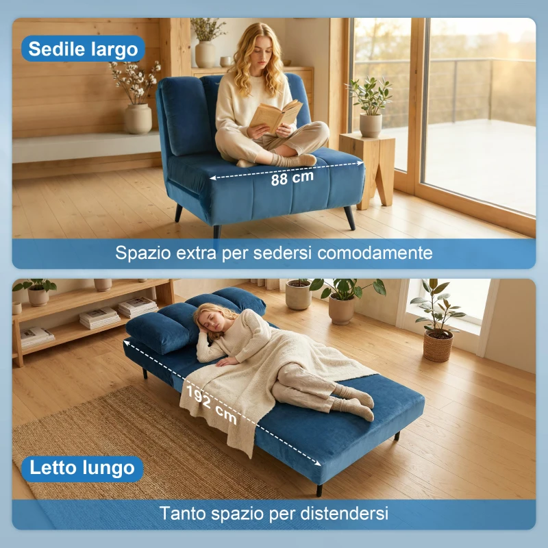HOMCOM Poltrona Letto Pieghevole Trasformabile con Schienale Regolabile, Blu