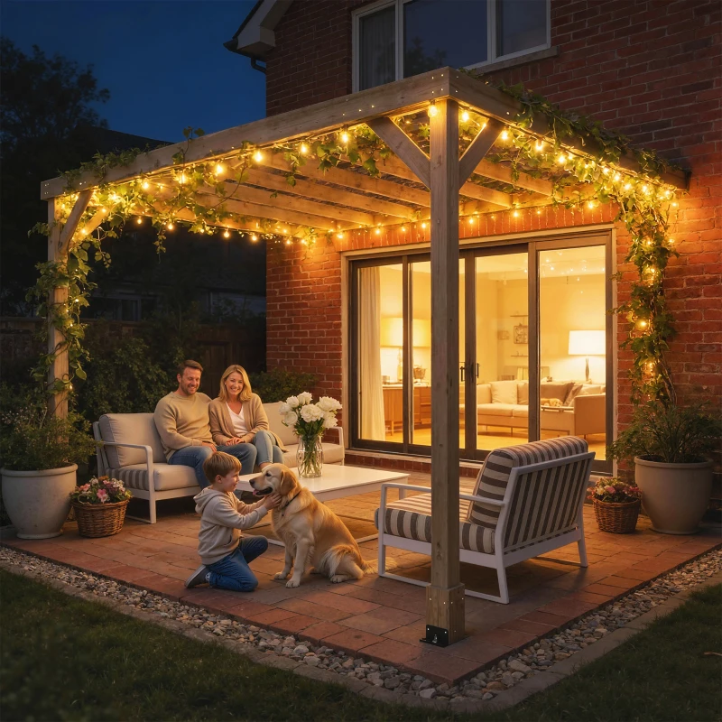 Outsunny Lean-To Wooden Pergola Kit, Decorative Garden Gazebo with Stable Structure and Concrete Anchors, 3 x 3 m, Light Brown