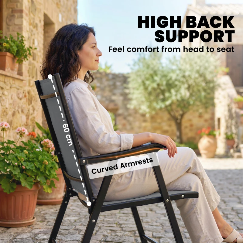 Outsunny Folding Garden Chairs Set of 4, Foldable Garden Dining Chairs with High Back, Armrests, Texteline Seat, Light Grey