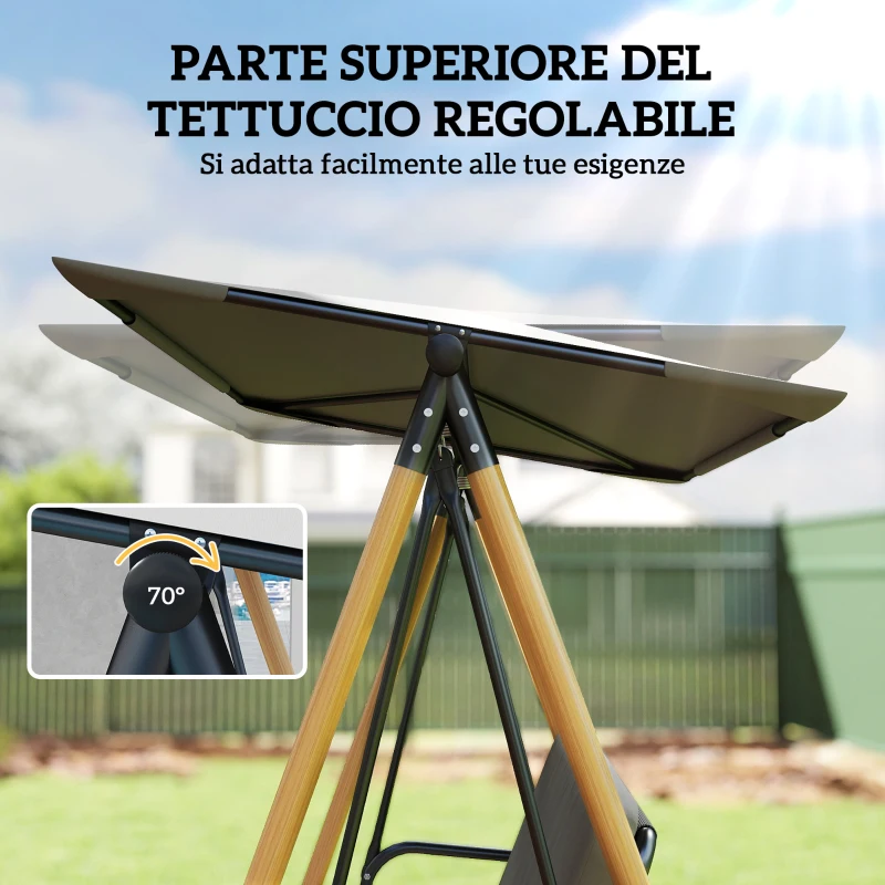 Outsunny Dondolo 3 Posti con Tettoia Regolabile e Cuscino, in Acciaio, Texteline e Poliestere, 208x125x180 cm, Grigio