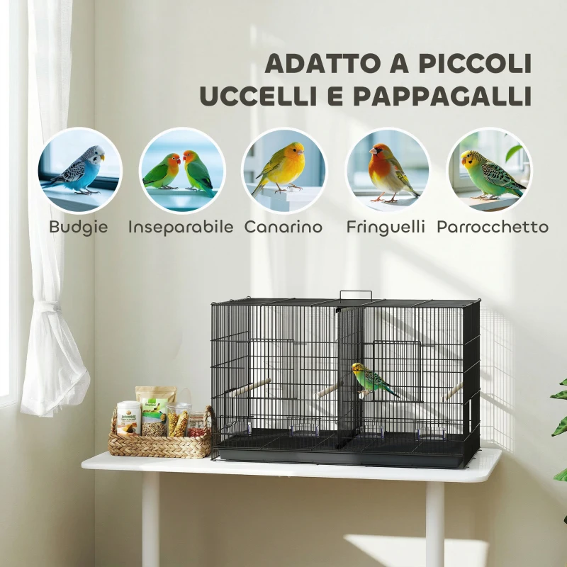 PawHut Gabbia per Uccelli con Divisorio e Ripiano Inferiore Portaoggetti, in Acciaio e PP, 94x57x57 cm, Nero