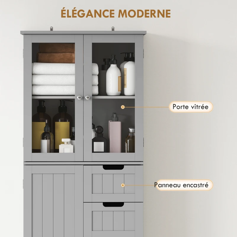 HOMCOM Meuble de salle de bain haut, meuble de rangement avec 4 portes dont 2 vitrées, 2 tiroirs et étagères réglables, gris