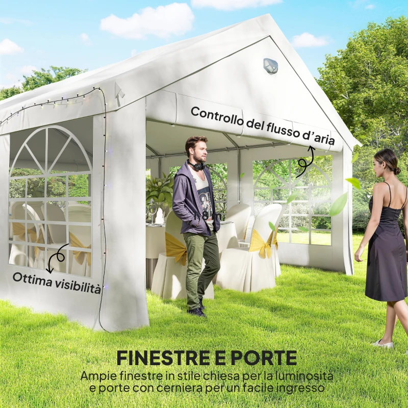 Outsunny Tendone per Feste 4x6 m con Finestre e 4 Pareti Laterali Rimovibili, in Acciaio e PE, Bianco