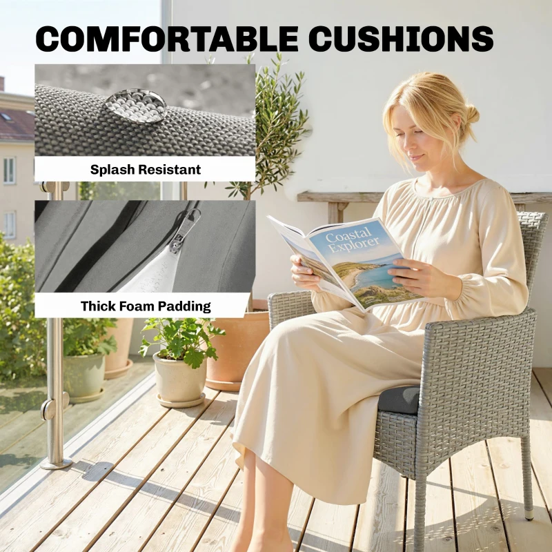 Outsunny 3 Piece Rattan Bistro Set, PE Wicker Garden Furniture Conversation Set with 2 Tier Glass-Top Table, Chairs, Dark Grey