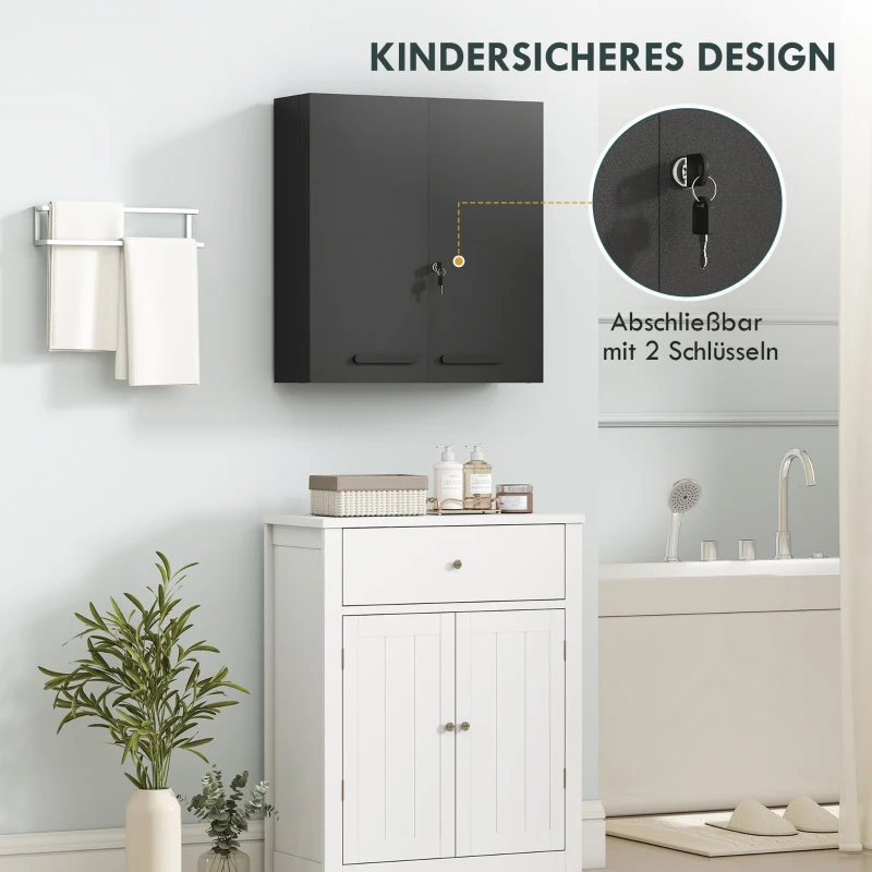 kleankin Medizinschrank, abschließbarer Medikamentenschrank mit 2 Türen und 6 Regalen, Schwarz