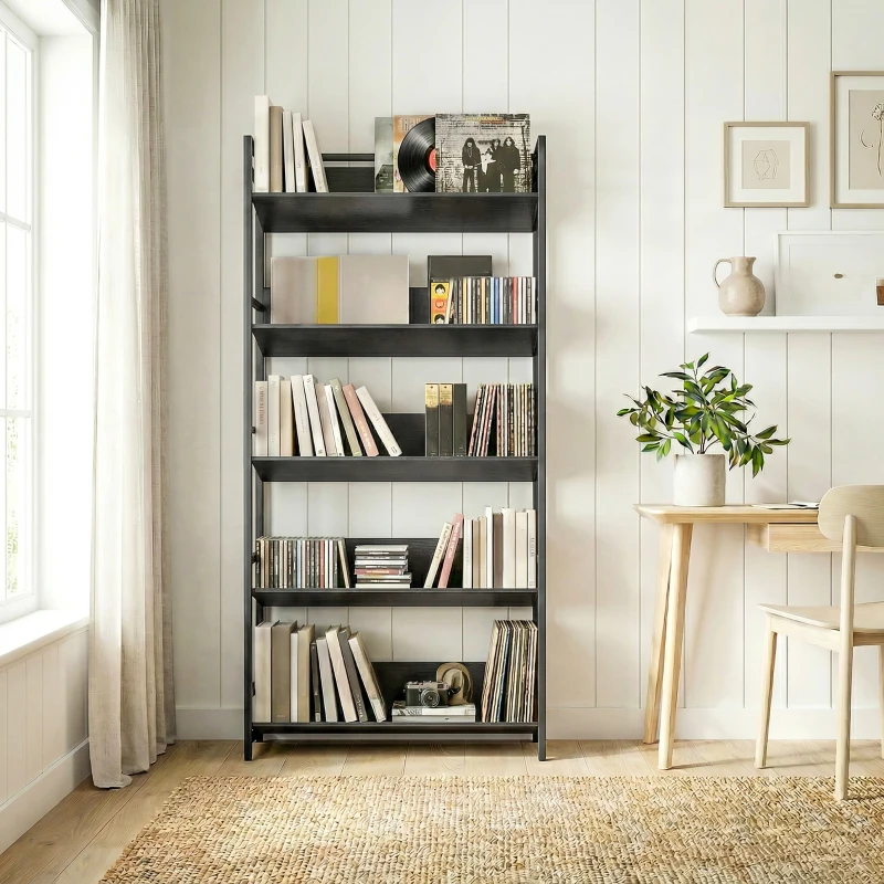 HOMCOM Bookshelf 5-Tier Metal Frame Bookcase Storage Shelves for Living Room Black
