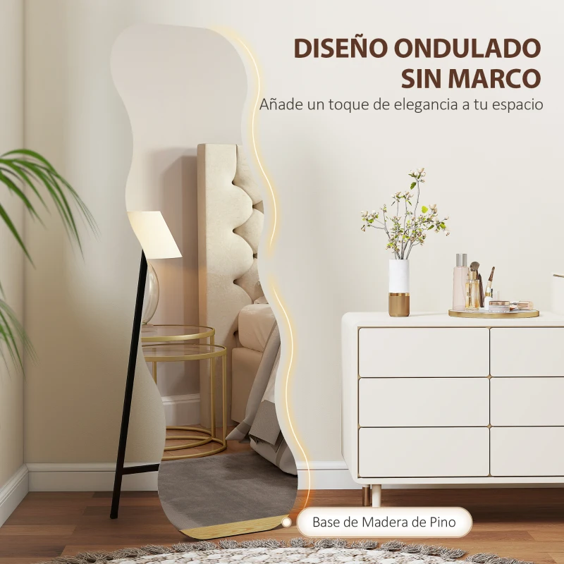 HOMCOM Espejo de Pie Cuerpo Entero sin Marco Espejo de Pie Forma Ondulada con Soporte y Base de Madera 50x2,7x160 cm Negro