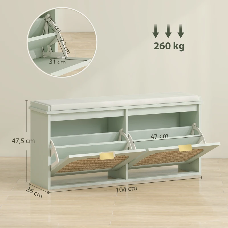 HOMCOM Banco para sapatos, banco de arrumação, assento almofadado, gavetas dobráveis, porta em vime, 104 x 26 x 47,5 cm, verde