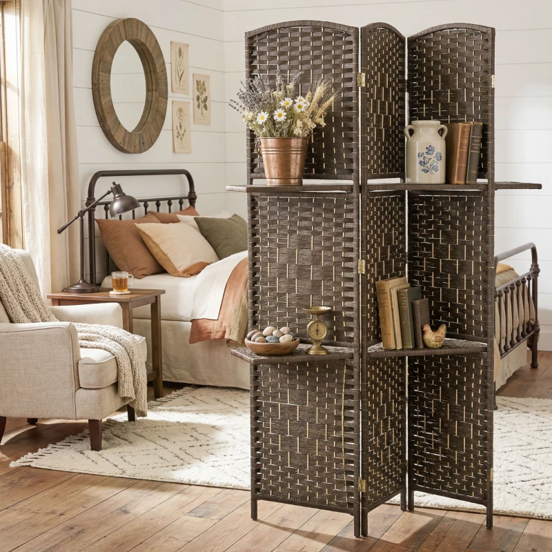 HOMCOM Paravent séparateur de pièce 4 panneaux 160 x170 cm avec 2 étagères, pliable, en bois