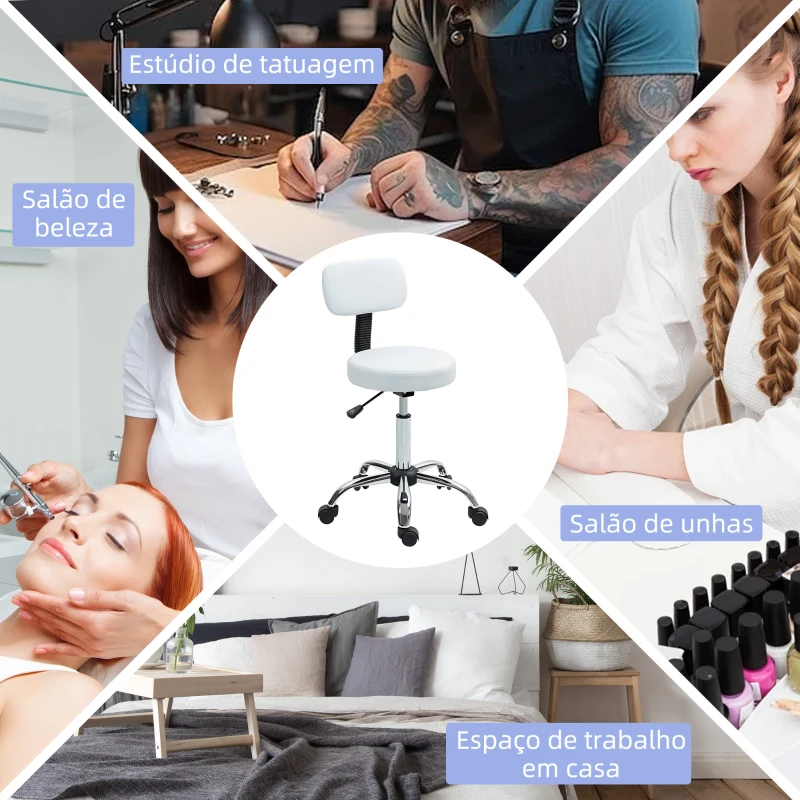 HOMCOM Banco Giratório Banco com Rodas e Encosto Banco de Trabalho com Altura Ajustável 78-93 cm Estofado em Couro Sintético Branco