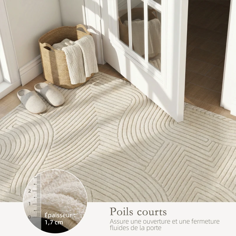 HOMCOM Tapis salon 200 x 140 cm, tapis à poils épais géométrique, moelleux et antidérapant, crème