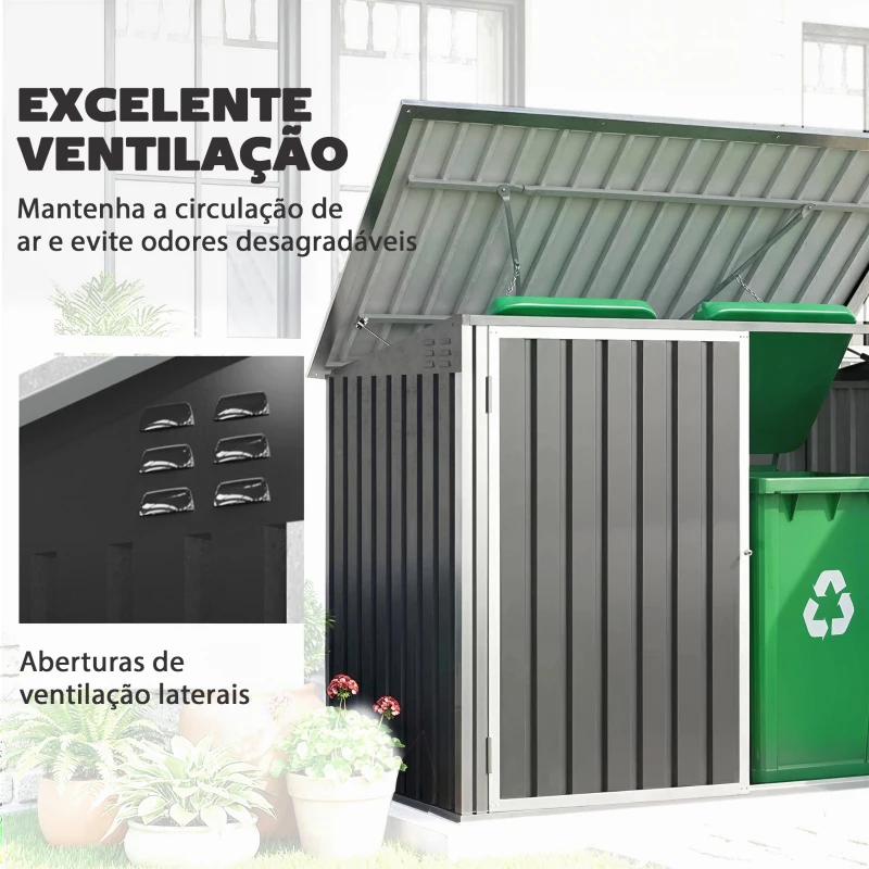 Outsunny Abrigo para Contentor de Lixo Duplo com Tampa Elevável e Portas Duplas 179,5x108x129,5 cm Cinzento Escuro