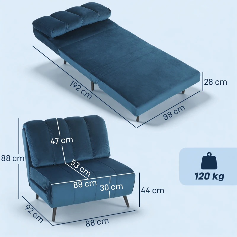 HOMCOM Poltrona Letto Pieghevole Trasformabile con Schienale Regolabile, Blu