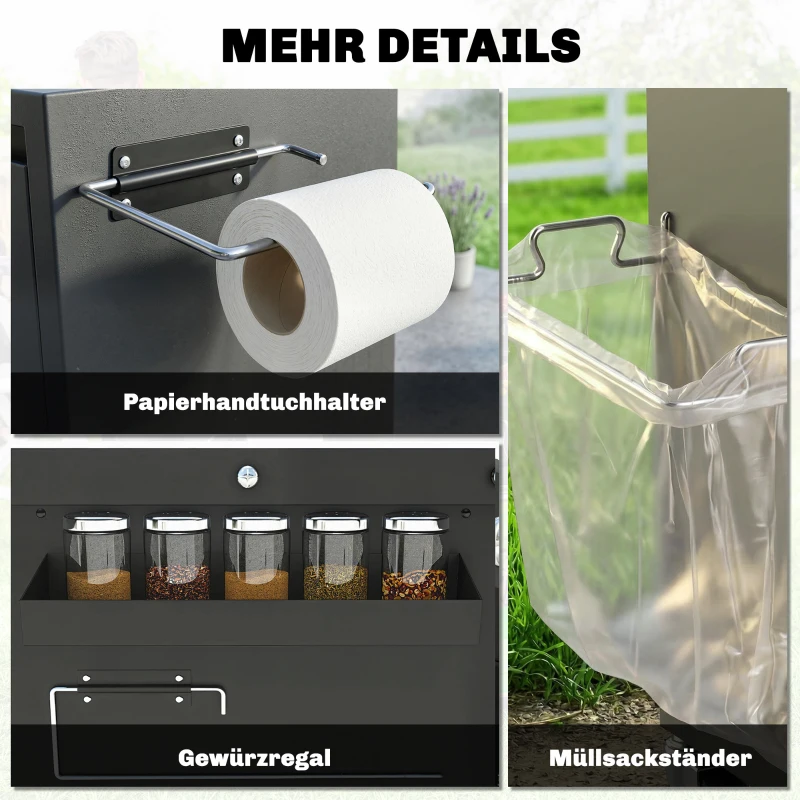 Outsunny Grillwagen 5-Etagen Grilltisch mit Edelstahl Arbeitsfläche verstellbar Regale Schublade Rollen Gewürzhalter Müllständer