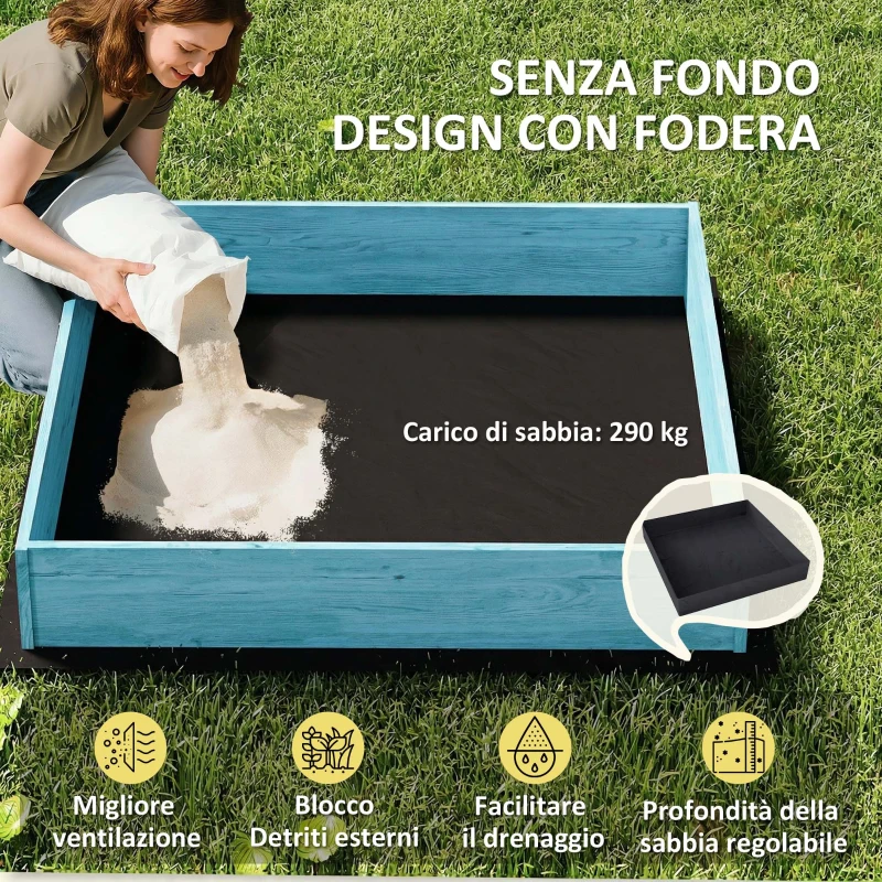 AIYAPLAY Sabbiera per Bambini 3-6 Anni con Tettuccio Dinosauri, Sedute Pieghevoli, Coperchio e Fodera Inclusa, Sabbionaia per Bambini in Legno di Abete, 134.5x127.5x130 cm, Blu