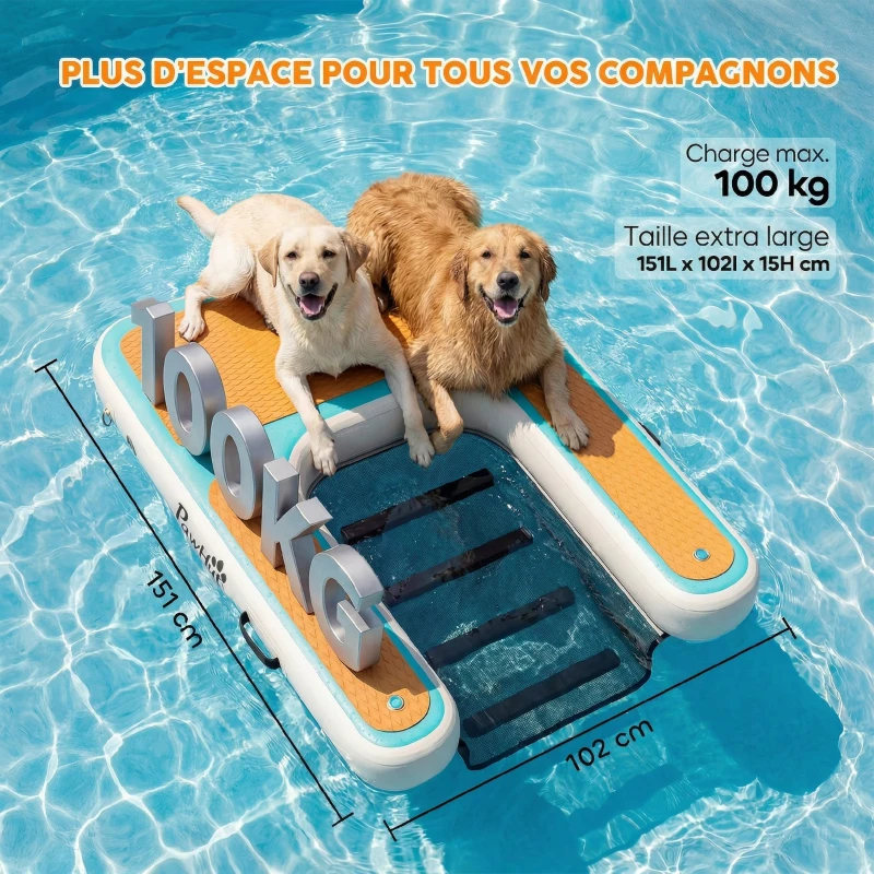 PawHut Rampe d'Eau Gonflable pour Chien jusqu'à 100kg, Surface Antidérapante en EVA, Sac de Rangement, 151x102x15cm, Orange