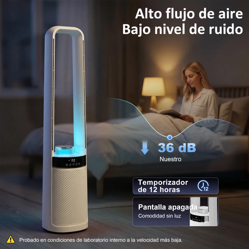 HOMCOM Ventilador de Torre Silencioso sin Aspas con Luces LED de 4 Colores Mando a Distancia Temporizador de 12 horas Blanco