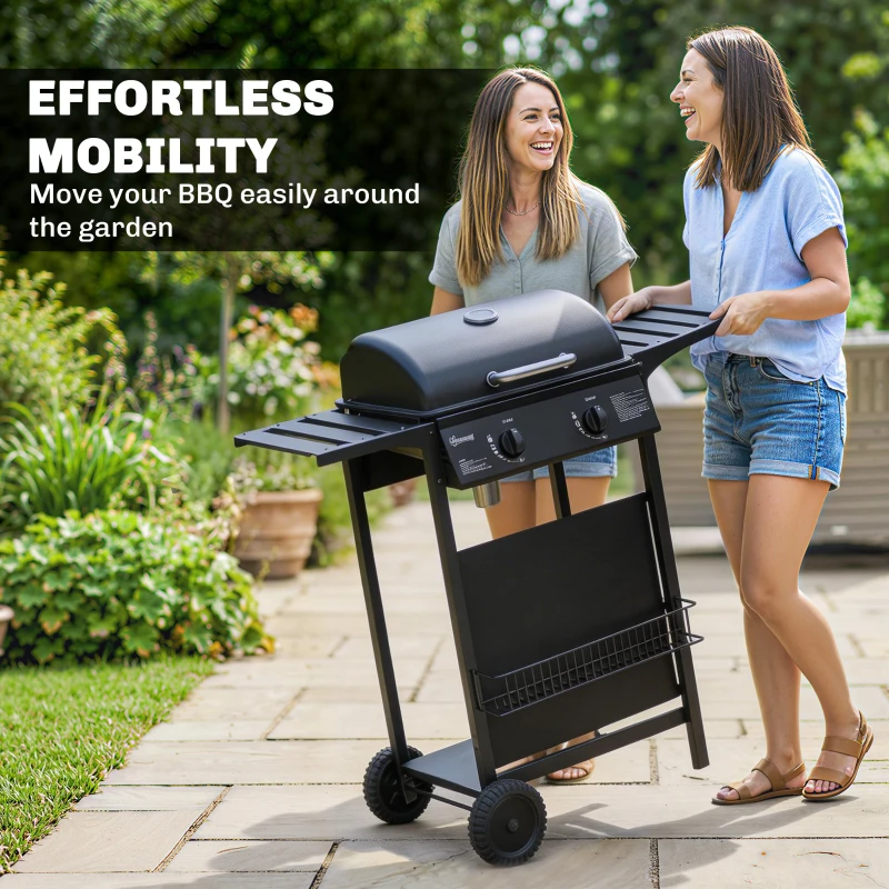 Outsunny Gas Burner Barbecue Grill, 2 Burner Gas Grill with Side Tables, Warming Rack, Shelf, Thermometer, Grease Tray, Black