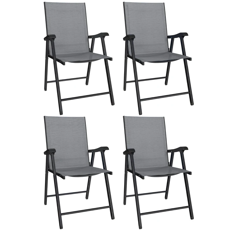 Outsunny Folding Garden Chairs Set of 4, Foldable Garden Dining Chairs with High Back, Armrests, Texteline Seat, Light Grey
