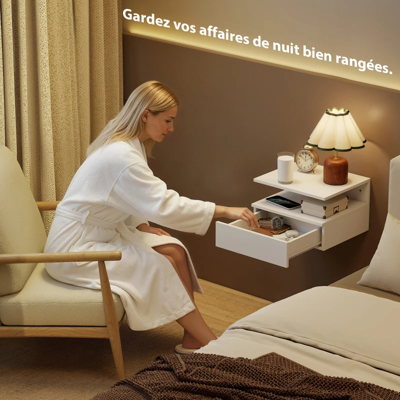 HOMCOM Lot de 2 tables de chevet murales, tables de nuit suspendues avec tiroir, étagère ouverte, 35x32x22,5cm, blanc