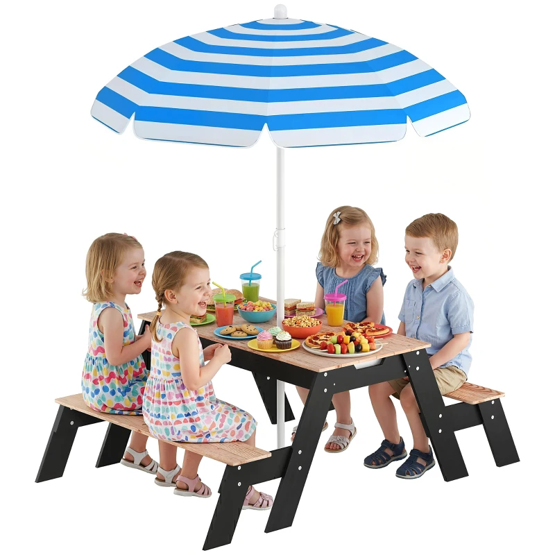 AIYAPLAY Masă de picnic pentru copii cu parasolar, set de grădină din lemn 3 în 1 pentru copii 3-6 ani cu 2 cutii, natural