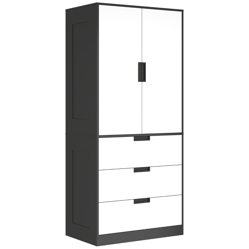 HOMCOM 2 Door Wardrobe, Modern Wardrobe with 3 Drawers and Hanging Rod for Bedroom, Black