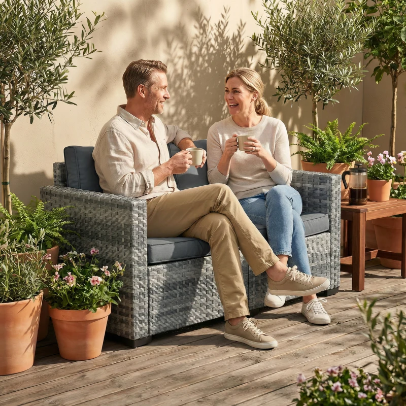 Outsunny 2 Seater Rattan Sofa, Outdoor Garden Sofa with Deep Seat, Cushions, Wide Armrests for Patio, Balcony, Porch, Mixed Grey