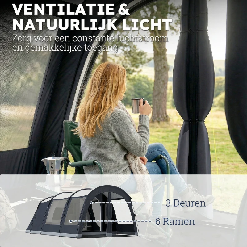 Outsunny Tunnelzelt 4 Personen Familienzelt mit Schlaf- und Wohnzimmer 6 Fenstern 3 Türen Bodenplane Stehhöhe 3000 mm Wassersäule