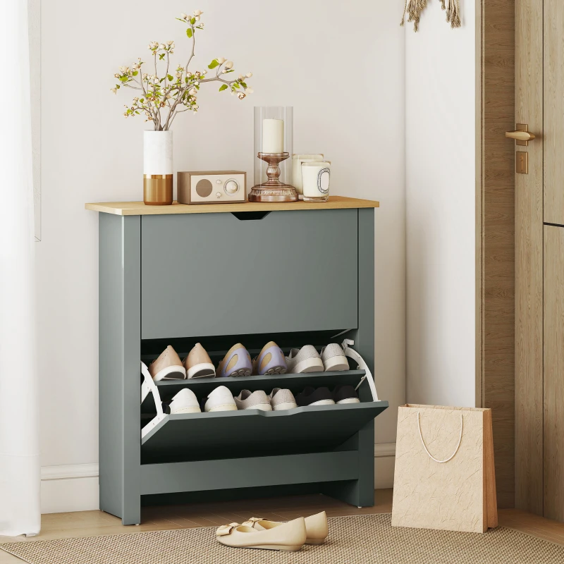 HOMCOM Slim Shoe Cabinet, Narrow Shoe Cupboard with 2 Flip Drawers, Adjustable Shelves for 12 Pairs of Shoes, Light Grey