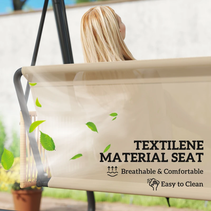 Outsunny 3 Seater Swing Chair with Adjustable Canopy, 360 kg Garden Swing Seat Outdoor Hammock Bench with Cushions, Sand Brown