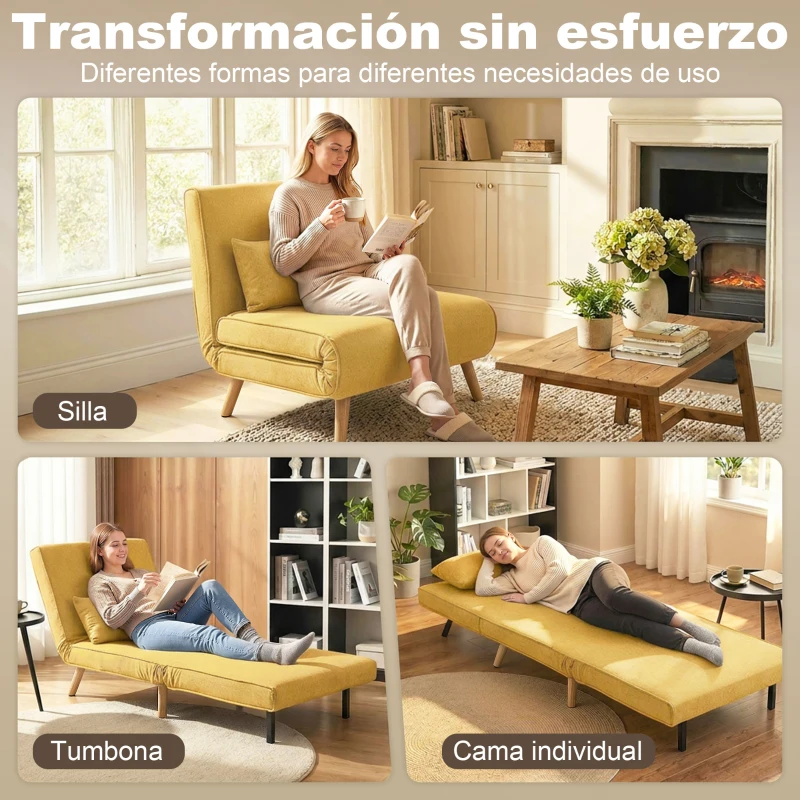 HOMCOM Sofá Cama Individual Plegable con Respaldo Ajustable 5 Posiciones Sillón Cama Tapizado con Cojín 72x75x85 cm Amarillo