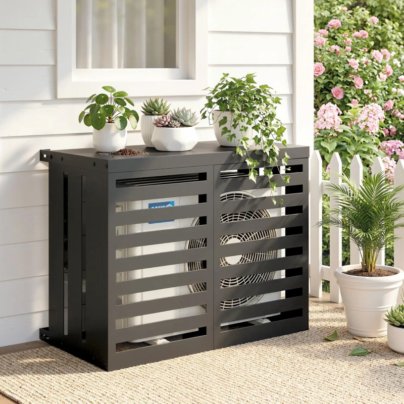 Outsunny Cache Climatiseur Exterieur, Housse Climatiseur à Lattes pour Unité Extérieur, Acier Galvanisé, 100x50x80cm, Gris Foncé