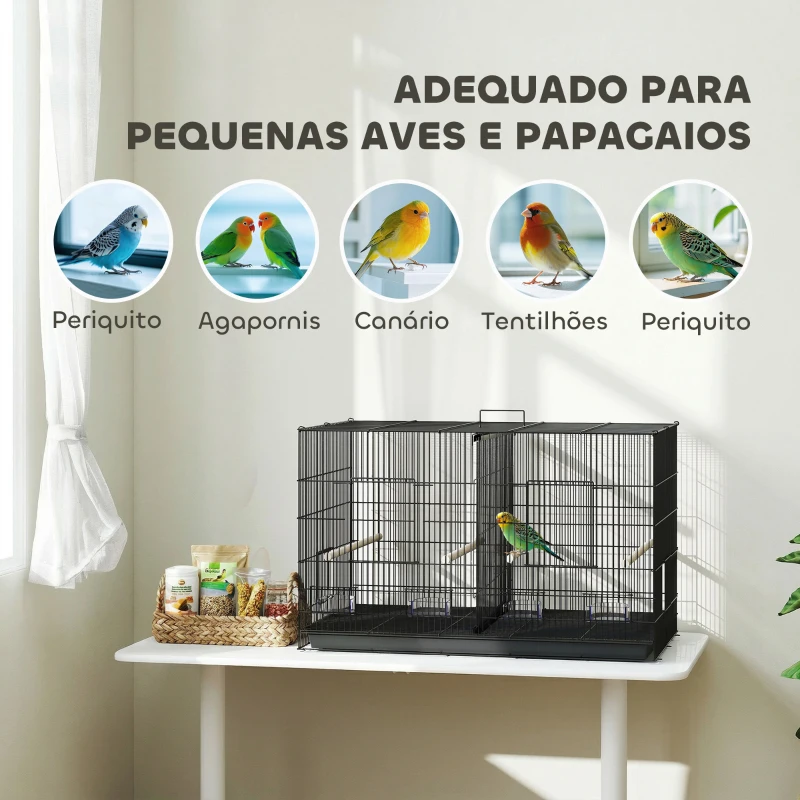 PawHut Gaiola para Pássaros com Divisória com Comedouros Poleiros e Bandeja Removível 94x57x57 cm  Preto