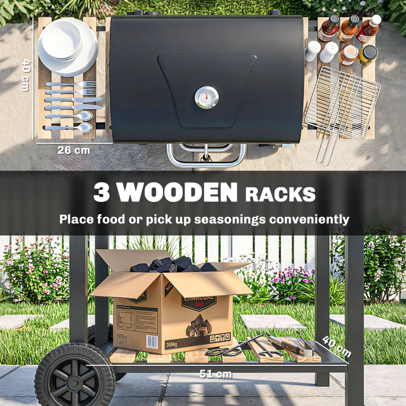 Outsunny Charcoal BBQ Grill with Height Adjustable Charcoal Pan, Barbecue Smoker with Warming Rack, 3 Shelves, Temperature Gauge, Wheels, Bottle Opener for Outdoor Cooking Garden Party