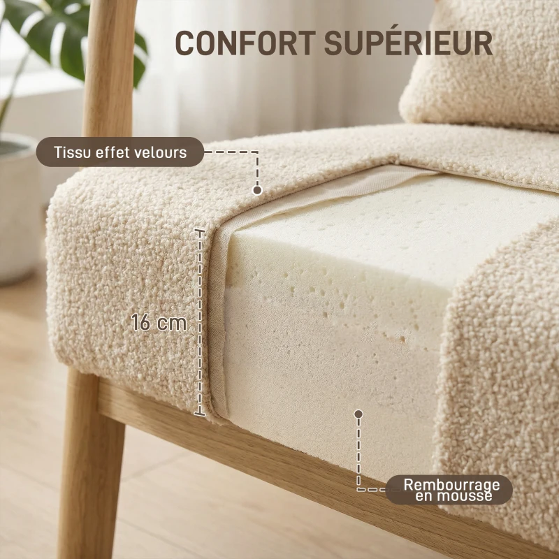 HOMCOM Fauteuil lounge - 3 coussins inclus - assise profonde - accoudoirs - structure bois hévéa - aspect velours beige