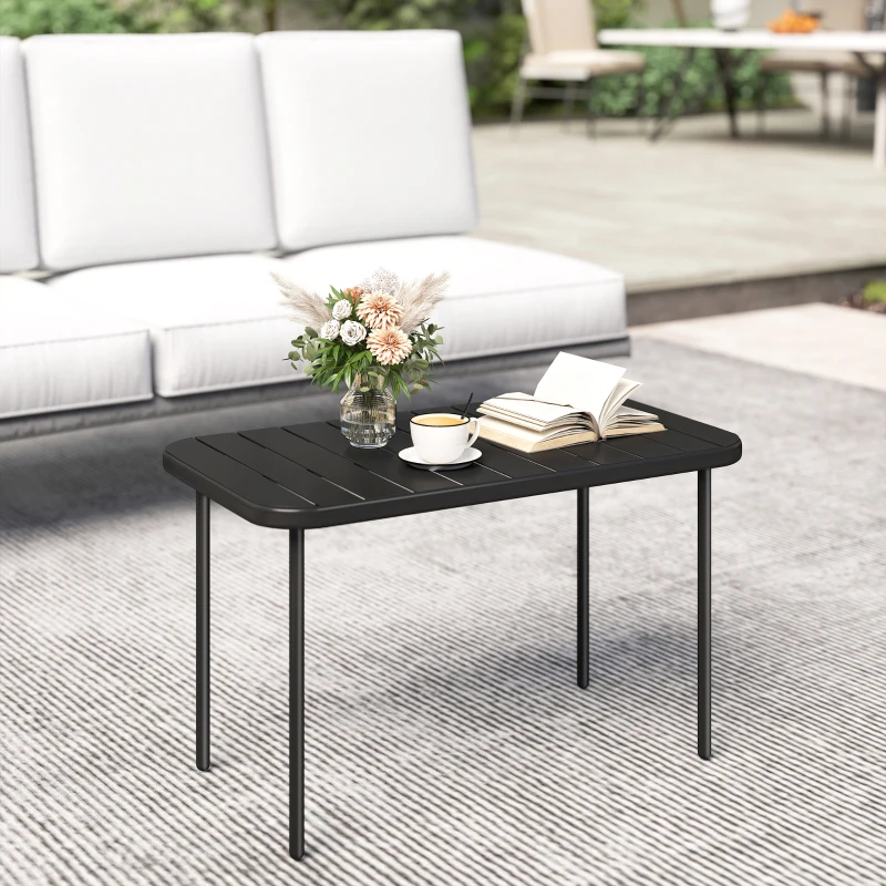 Outsunny Table Basse de Jardin en Acier Galvanisé, Plateau à Lattes, Table Rectangulaire aux Angles Arrondis, 90x50x43cm, Noir