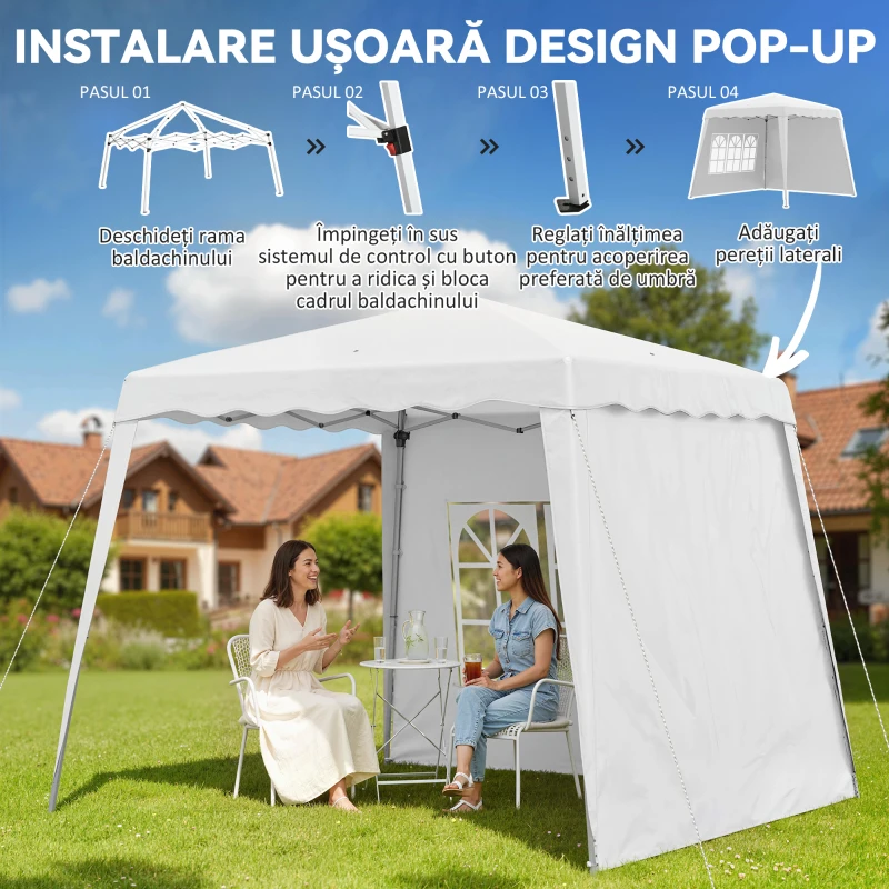 Outsunny Pavilion pliabil cu 2 laterale, Stalpi oblici si geanta de transport, cort de evenimente inaltime reglabila UV50+, cort de gradina, curte, acoperis 2,4 x 2,4 m / baza 2,9 x 2,9 m, alb