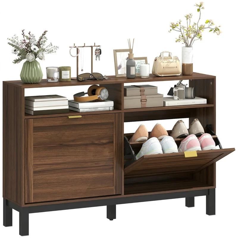 HOMCOM Shoe Cabinet with 2 Flip Drawers, Narrow Shoe Storage Top for Entryway Hallway, Rustic Brown