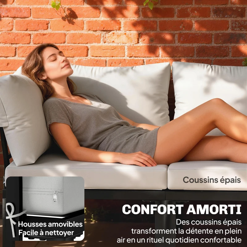 Outsunny Salon de Jardin Modulaire 6 Pièces Ensemble Canapé Extérieur Transformable en Lit Table Basse et Plateaux Latéraux Gris