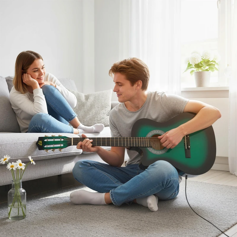 HOMCOM 38 Inch Acoustic Electric Guitar, Beginner Junior Adult Guitar Gloss Finish with Carrying Case - Dark Green