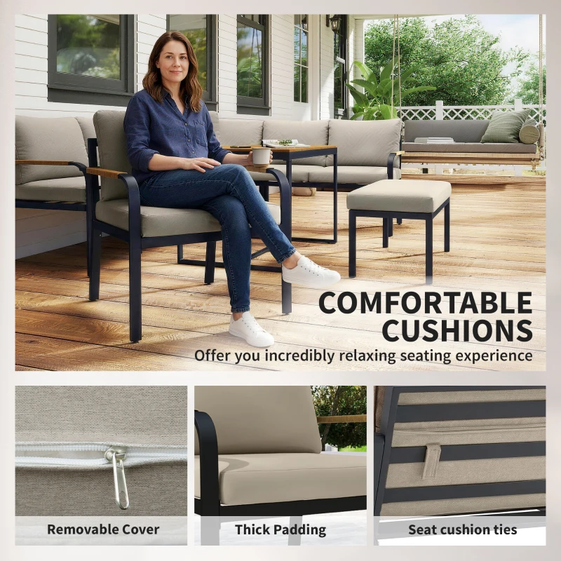 Outsunny 7 Seater Garden Furniture Set, Metal Garden Sofa Set with Cushions, Outdoor Furniture Conversation Sets, Khaki